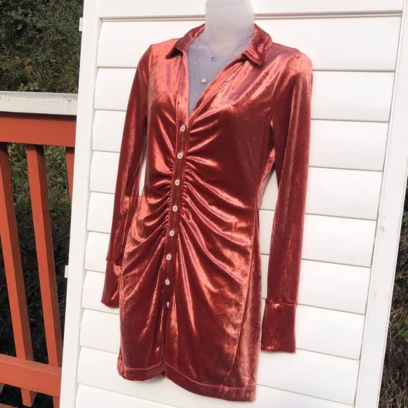 Free People Copper Rust Metallic Button Ruched Long Sleeve Dress - Picture 4 of 10